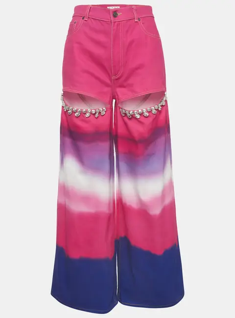 Area Multicolor Ombre Crystal Embellished Denim Cut Out Wide Leg Jeans S/Waist 26"