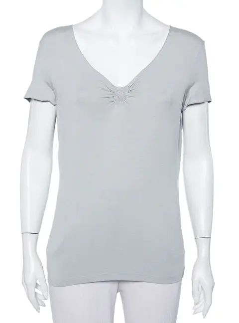 Armani Collezioni Grey Knit Ruched Neck Detail T-Shirt XL