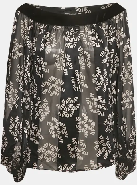 Giorgio Armani Black Printed Silk & Velvet Trim Top L