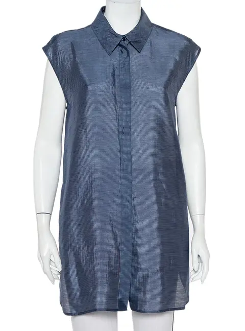 Armani Collezioni Navy Blue Striped Linen & Silk Sleeveless Long Shirt M