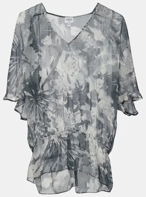Armani Collezioni Grey Abstract Print Silk Sheer Blouse M
