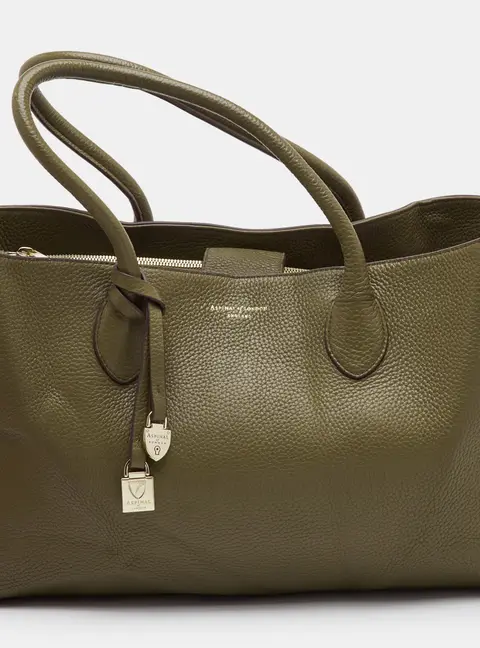 Aspinal Of London East West Large Olive Green Pebbled Leather Shopper Tote