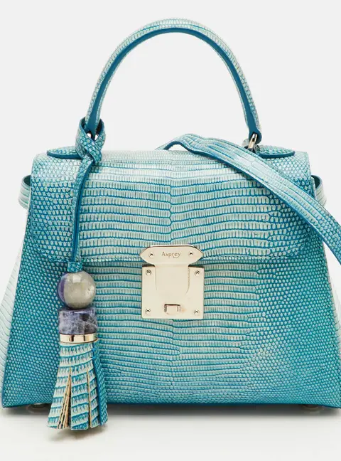 Asprey 167 Mini Blue/White Lizard Top Handle Bag