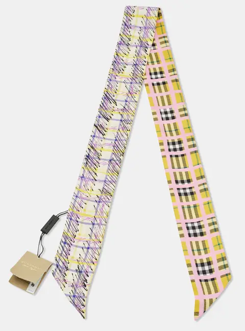 Burberry Yellow/Brown Checked Silk Bandeu Scarf