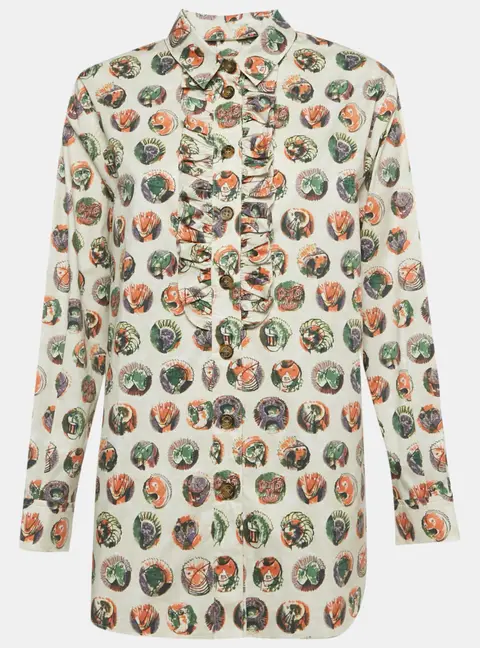 Burberry Beige Mask Print Cotton Ruffle Detail Shirt M