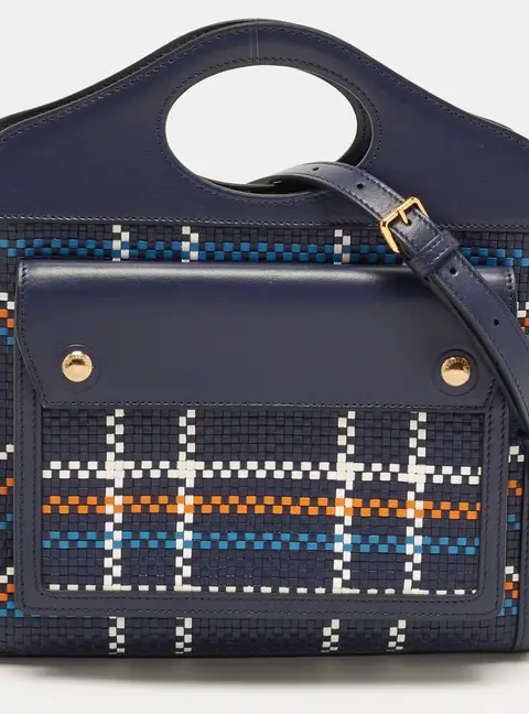 Burberry Mini Pocket Navy Blue Check Woven Leather Bag