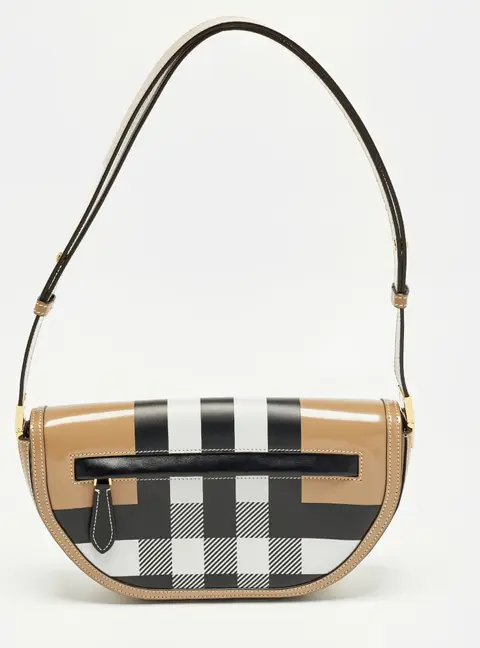 Burberry Olympia Small Beige Check Patent and Leather Shoulder Bag