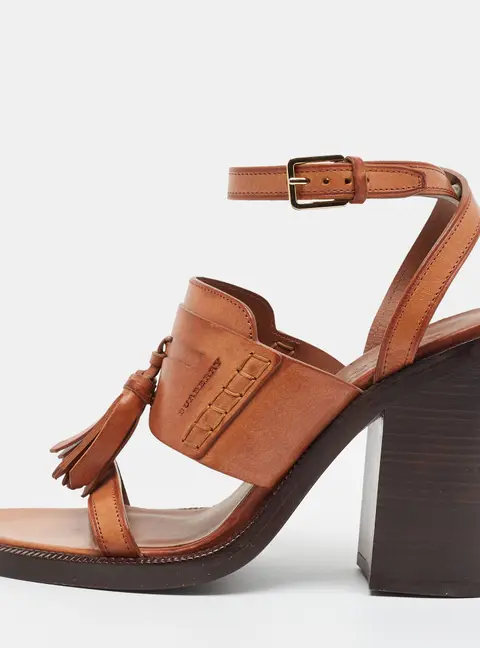 Burberry Bethany Size 40 Brown Leather Tassel Detail Block Heel Ankle Strap Sandals