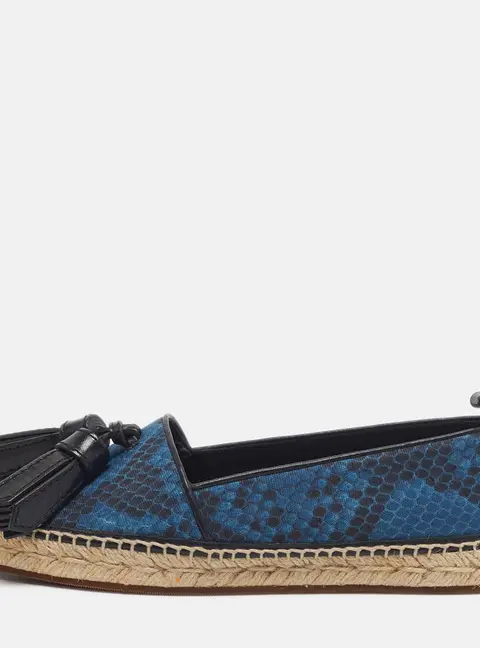 Burberry Size 36.5 Blue/Black Snake Print Canvas and Leather Tassel Espadrille Flats