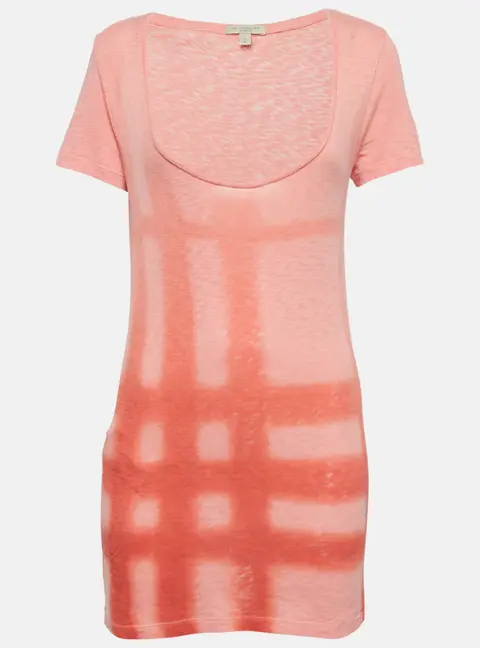 Burberry Brit Coral Pink Check Sprayed Cotton Scoop Neck T-Shirt XS