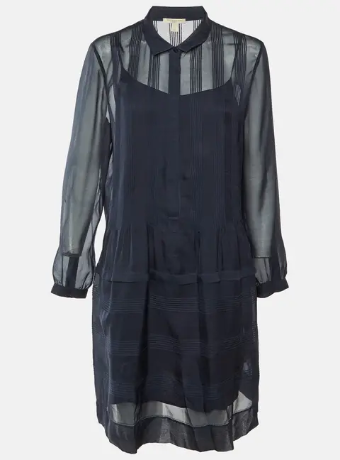 Burberry Brit Midnight Blue Silk Pintucked Knee Length Dress L
