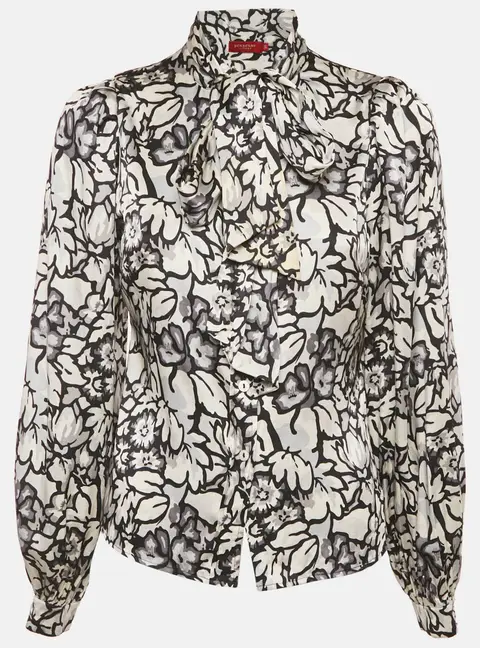 Burberry White/Black Floral Print Satin Silk Tie-Up Neck Detail Blouse S