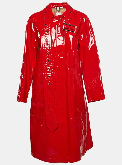 Burberry London Bright Red Faux Leather Belt Detail Coat S