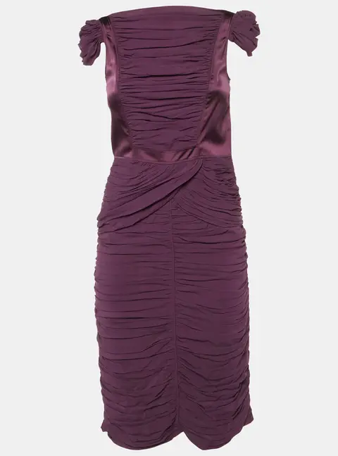 Burberry Prorsum Vintage Purple Silk Crepe Ruched Midi Dress S