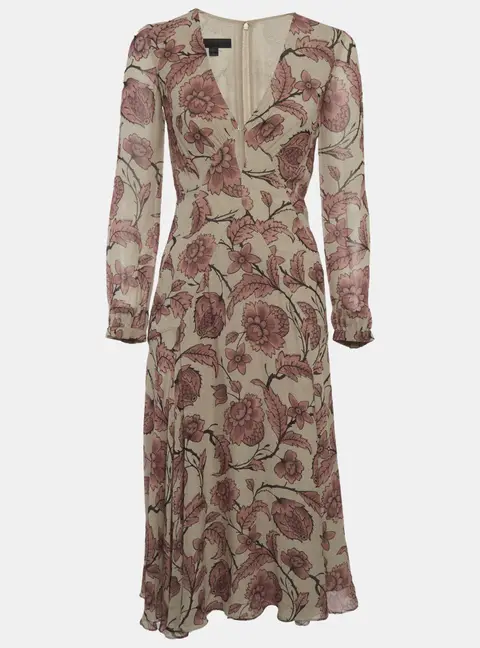 Burberry Prorsum Beige Floral Print Silk Flared Midi Dress S