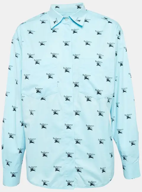 Burberry Blue Logo Print Cotton Oversized Shirt S