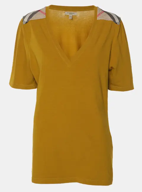 Burberry Yellow Cotton Blend Shoulder Patch V-Neck T-Shirt L