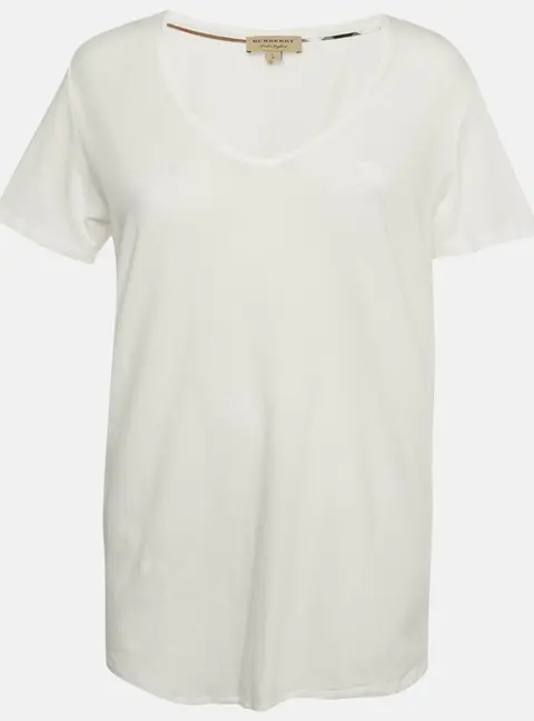 Burberry White Logo Embroidered Cotton V-Neck T-Shirt L