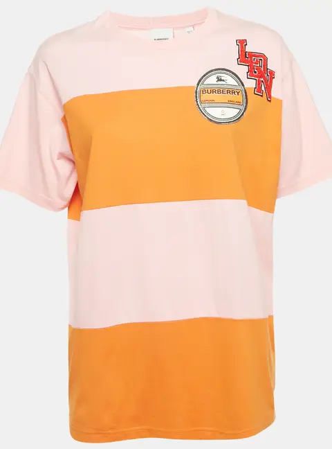 Burberry Pink/Orange Logo Applique Cotton Crew Neck T- Shirt S