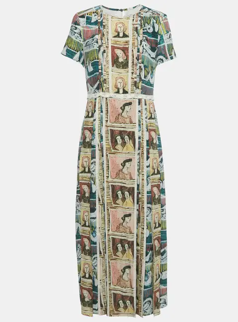 Burberry Multicolor Framed Heads Print Silk Lace Trim Maxi Dress M