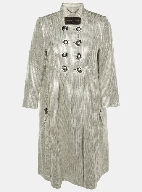 Burberry Silver Lurex Detail Double Breasted Coat M