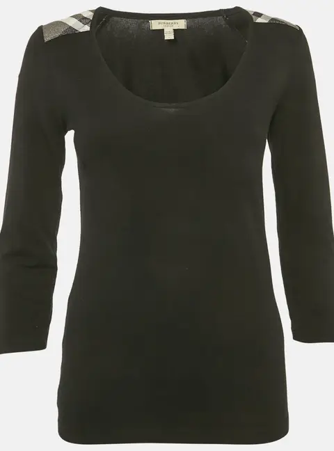 Burberry Black Checks Trim Jersey Long Sleeve T-Shirt S