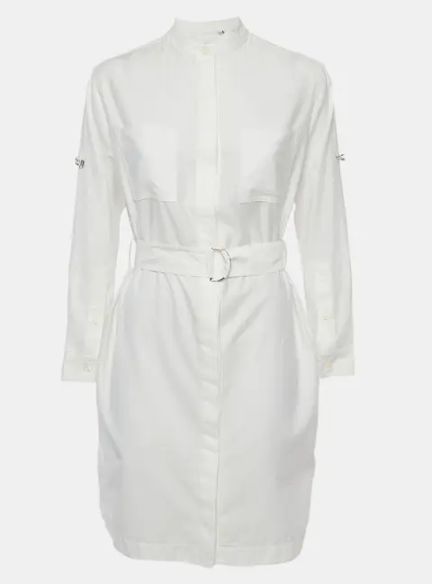 Burberry White Cotton Long Sleeve Belted Dress S