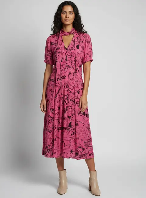 Burberry Pink Antonina Doodle Print Silk Pleated Midi Dress M