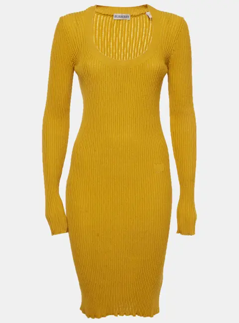 Burberry Yellow Wool Blend Rib Knit Knee Length Dress S