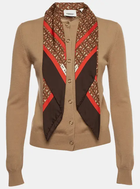 Burberry Brown Cashmere Scarf Neck Button Front Cardigan XS