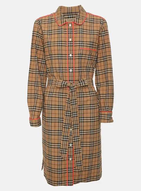 Burberry Beige Check Cotton Belted Shirt Dress S