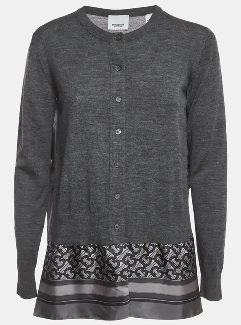 Burberry Grey Monogram Print Wool & Silk Scarf Cardigan S