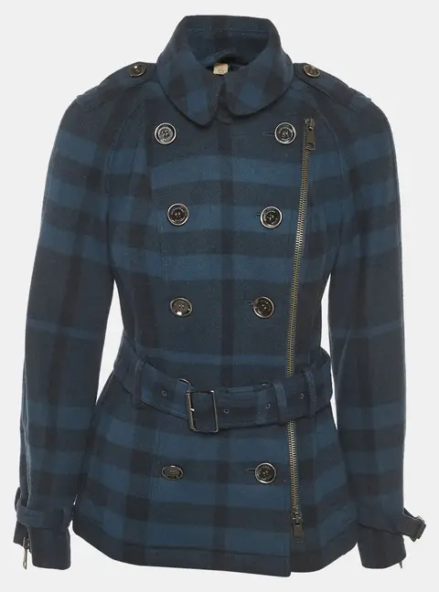 Burberry Brit Blue Plaid Wool Blend Belted Pea Coat S