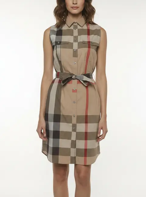Burberry Grey Plaid Cotton Belted Sleeveless Dress S