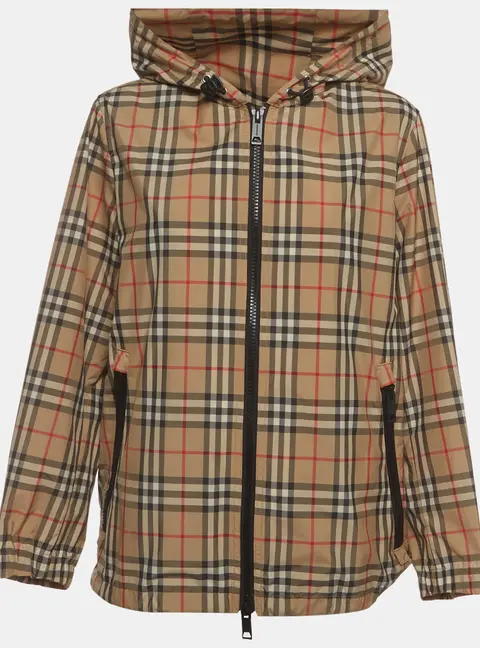 Burberry Beige Vintage Check Synthetic Drawstring Hoodie S
