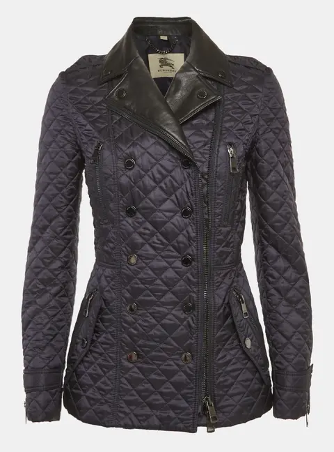 Burberry Blue Navy Blue Nylon and Leather Quilted Jacket XS