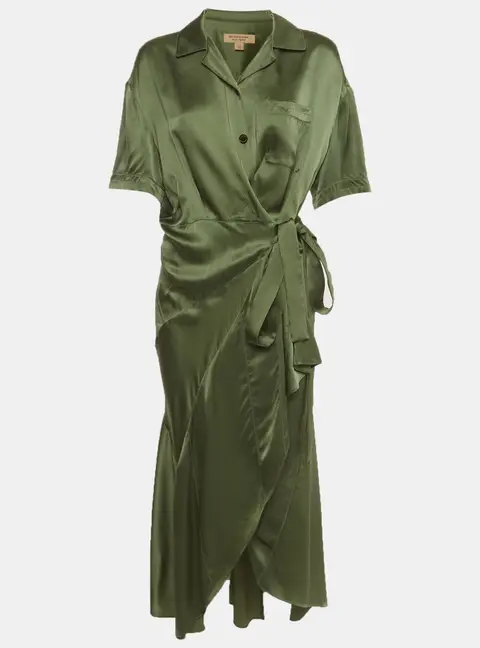 Burberry Green Satin Wrap Button Up Shirt Dress S