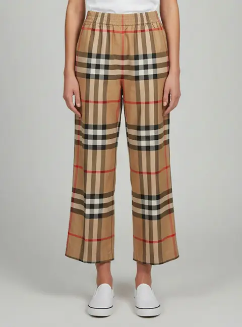 Burberry Beige Checked Cotton Wide Leg Trousers M