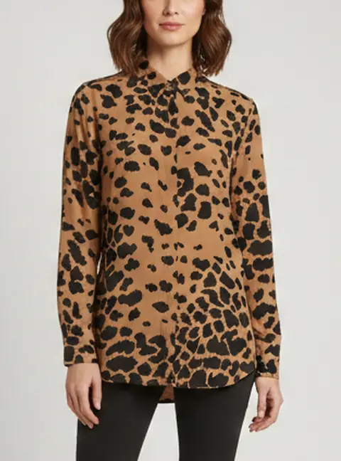 Burberry Brown Leopard Print Crepe Long Sleeve Shirt M