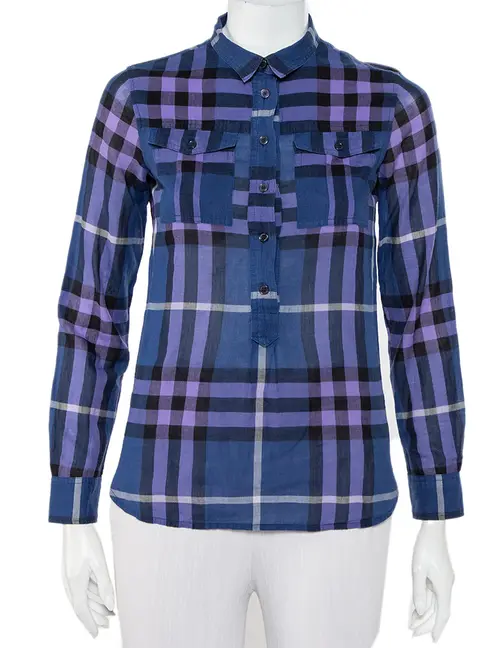 Burberry Brit Navy Blue Checkered Cotton Half Buttoned Shirt XXS