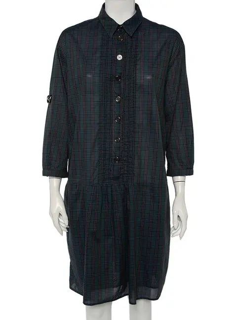 Burberry Green Checkered Cotton Pintuck Detail Shift Dress L