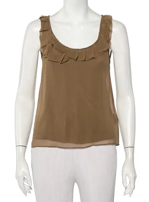 Burberry Brit Khaki Silk Ruffle Neck Detail Sleeveless Top XXS