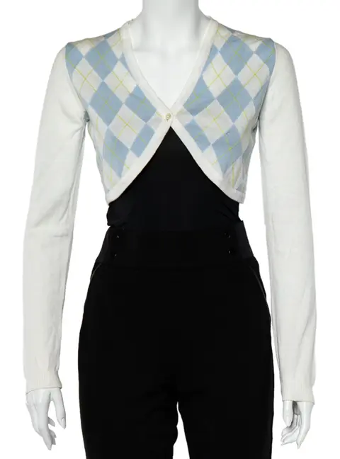 Burberry White Argyle Cotton Knit Cropped Cardigan S