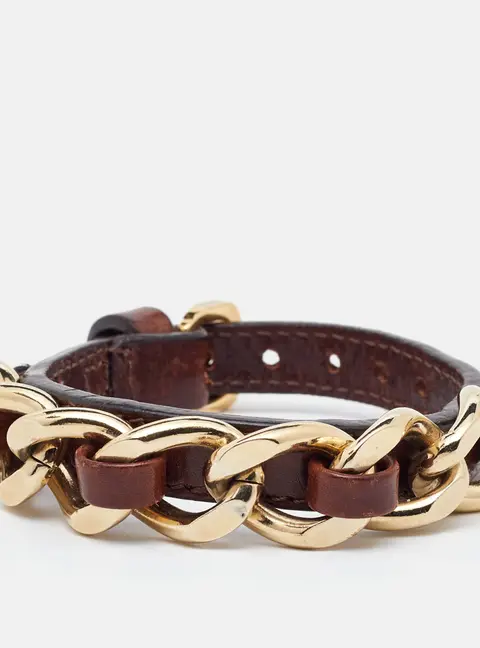 Burberry Brown Leather Chain Detail Wrap Bracelet