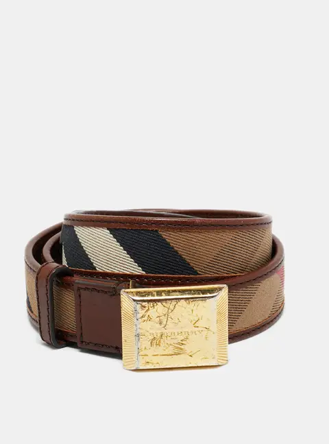 Burberry Brown House Check Canvas and Leather Logo Plague Belt 85CM