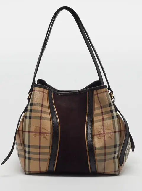 Burberry Canterbury Small Multicolor Haymarket Check Coated Canvas and Suede Tote
