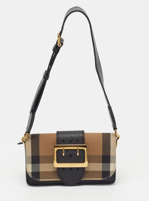 Burberry Buckle Small Black/Beige House Check Fabric and Leather Shoulder Bag