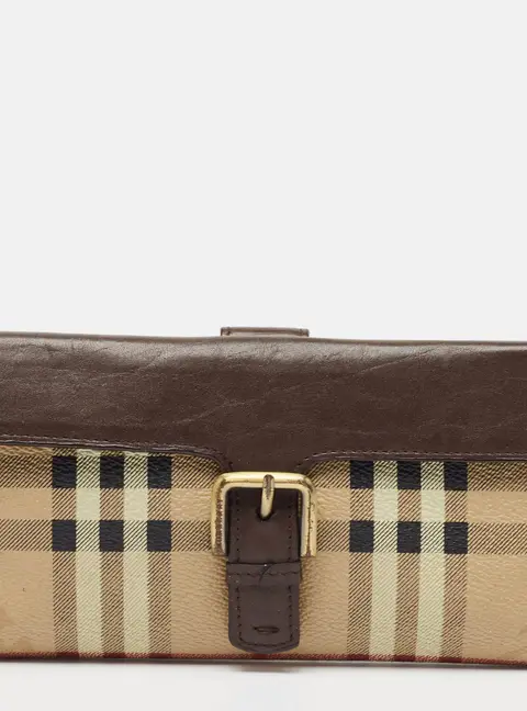 Burberry Brown/Beige Haymarket PVC and Leather Buckle Flap Continental Wallet