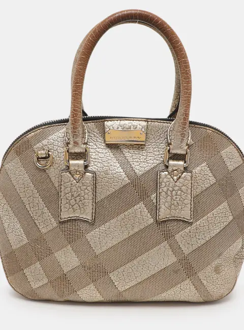 Burberry Gold Heritage Grain Check Embossed Leather Orchard Bowling Bag