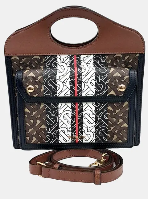 Burberry Monogram Stripe Mini Bridle Brown E -Canvas Top Handle Bag